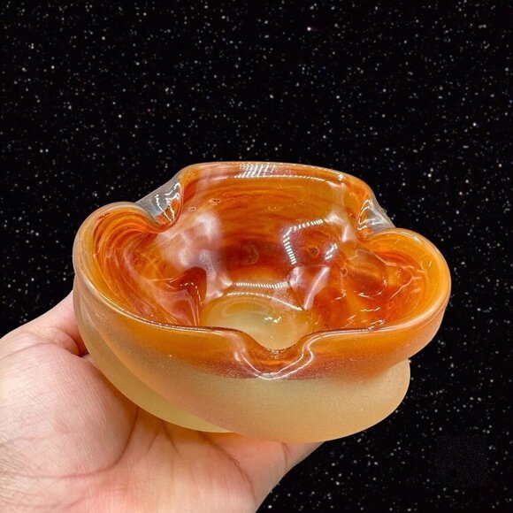 Vintage Czech Bohemian Glass Ashtray 1950s Hand Made Orange Bowl 5”W 2”T - Picture 8 of 16